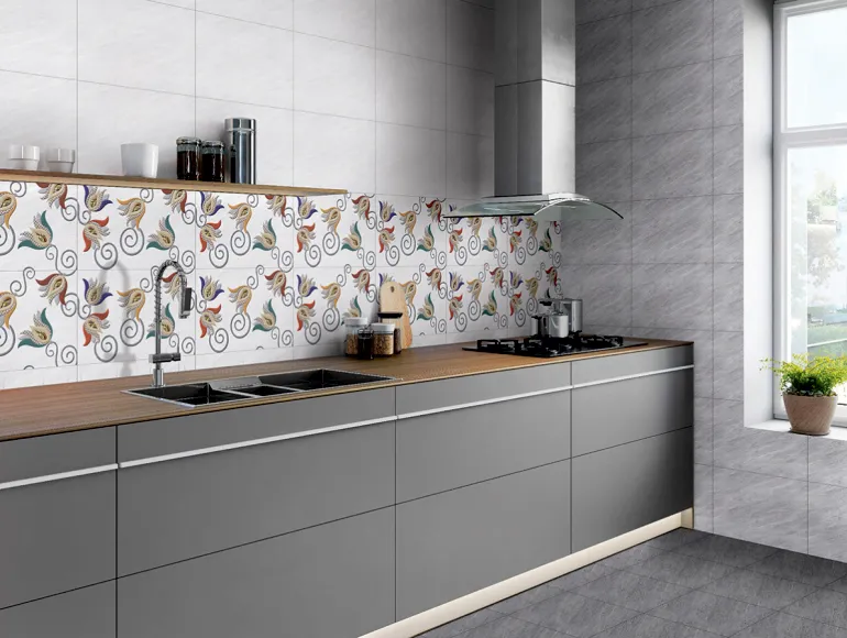 Classic Grey Kitchen Design with designer backsplash tiles